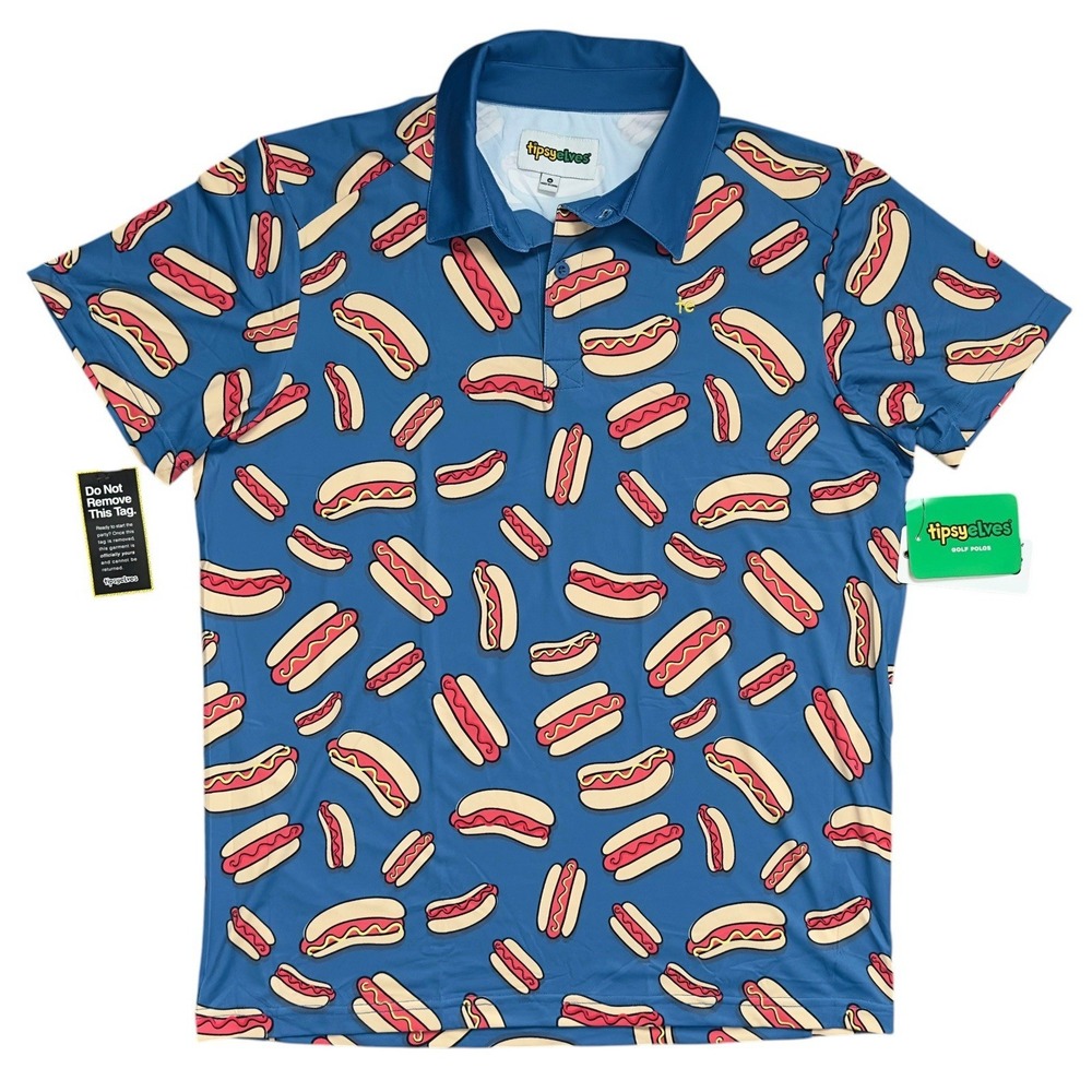 Tipsy Elves Men's Hot Dog Golf Polo Shirt Blue All Over Print Size M